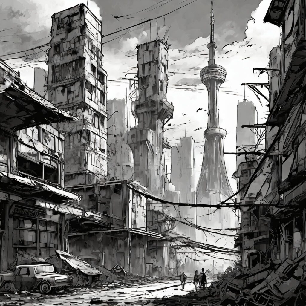 Firefly-a-post-apocalyptic-cityscape-resembling-Tokio-in-manga-style.-Only-black-and-white-colors-34