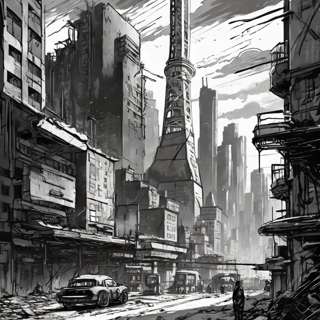 Firefly-a-post-apocalyptic-cityscape-resembling-Tokio-in-manga-style.-Only-black-and-white-colors-51