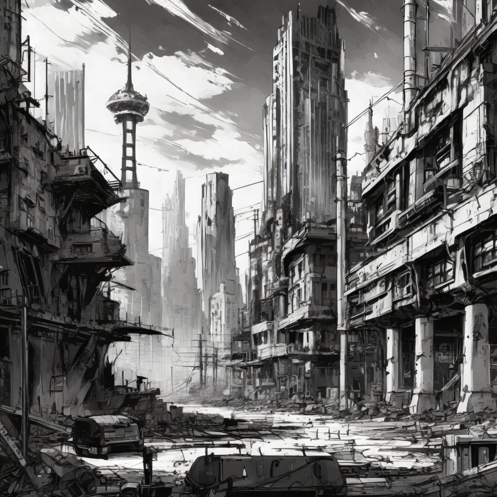 Firefly-a-post-apocalyptic-cityscape-resembling-Tokio-in-manga-style.-Only-black-and-white-colors-68